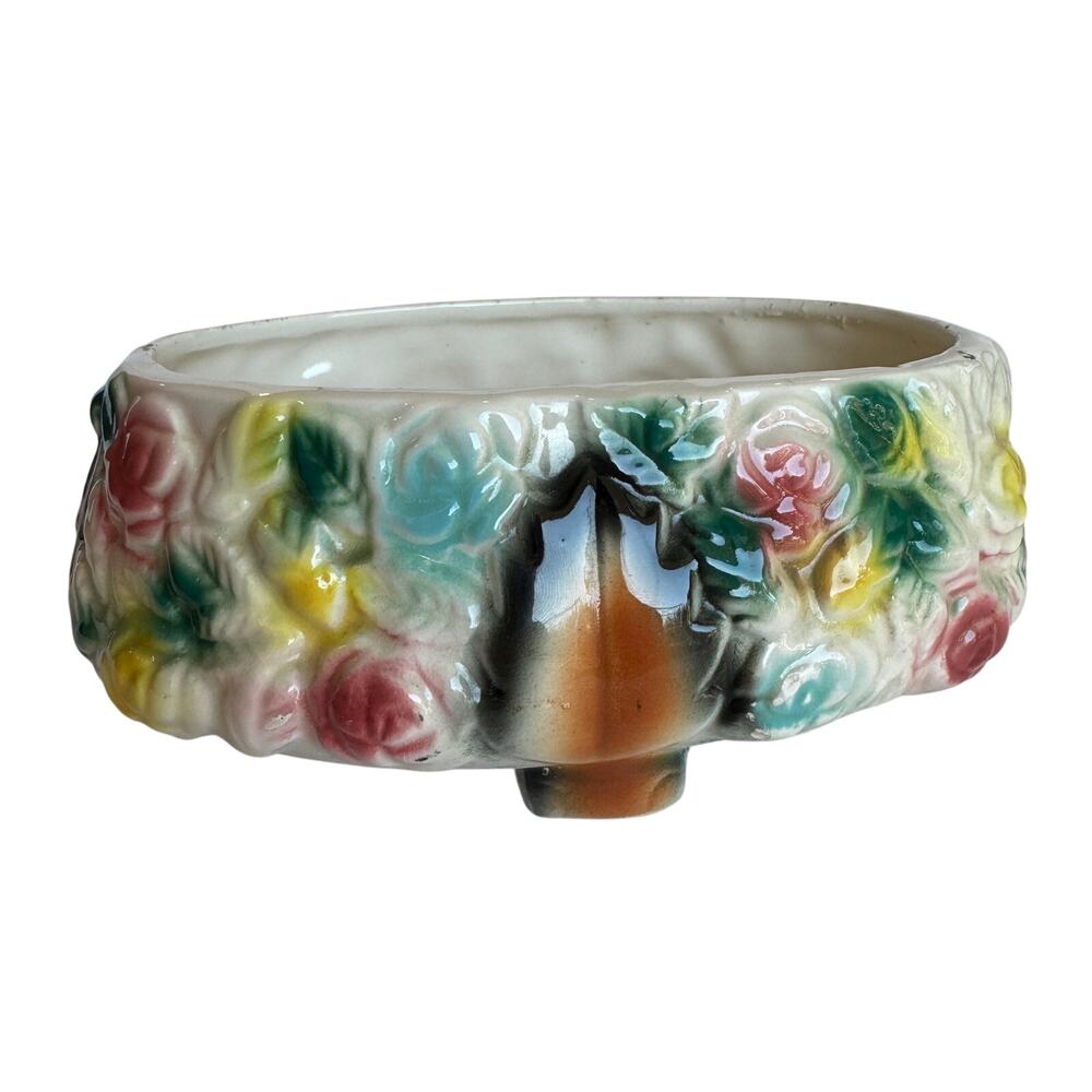 Vintage Footed Planter, Floral Design Small Vase, Trinket Dish
